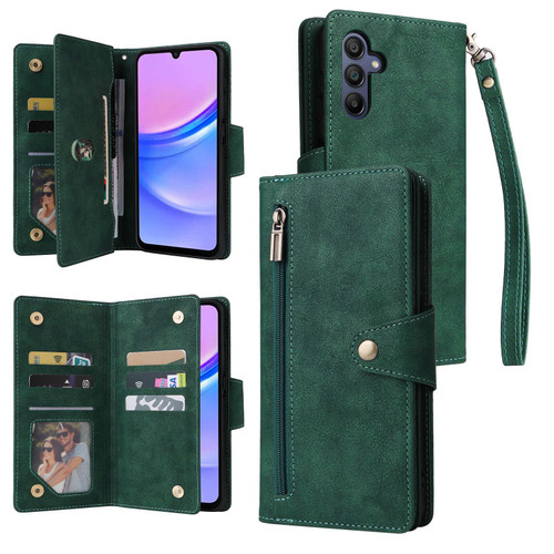 Samsung Galaxy A17 5G Rivet Buckle 9 Cards Three Fold Leather Phone Case - Green