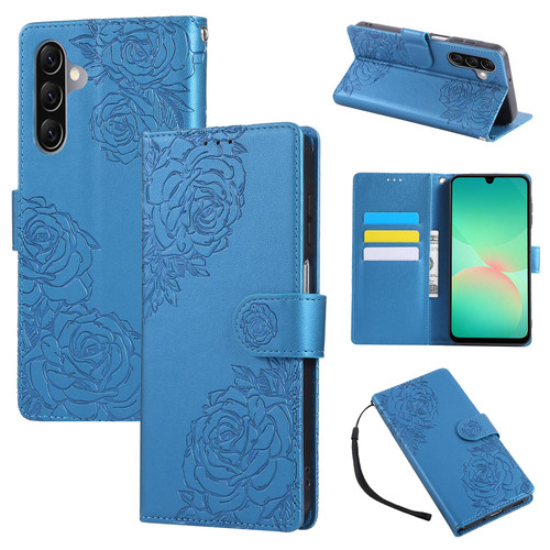 Samsung Galaxy A17 5G Rose Flower Embossed 3-Card Slots Leather Phone Case - Blue