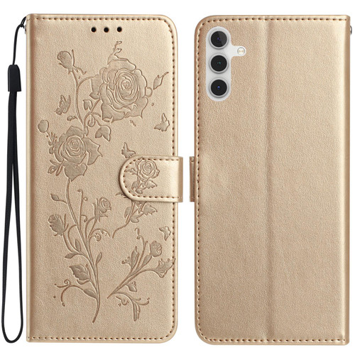 Samsung Galaxy A17 5G Rose Flower Embossing Pattern Leather Phone Case - Gold