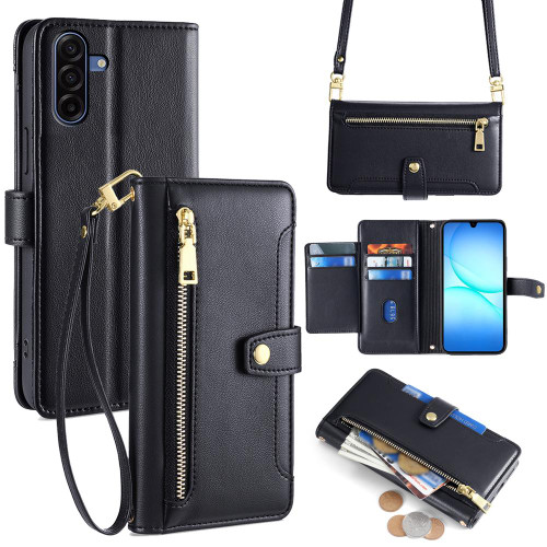 Samsung Galaxy A17 5G Sheep Texture Cross-body Zipper Wallet Leather Phone Case - Black