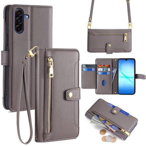 Samsung Galaxy A17 5G Sheep Texture Cross-body Zipper Wallet Leather Phone Case - Grey