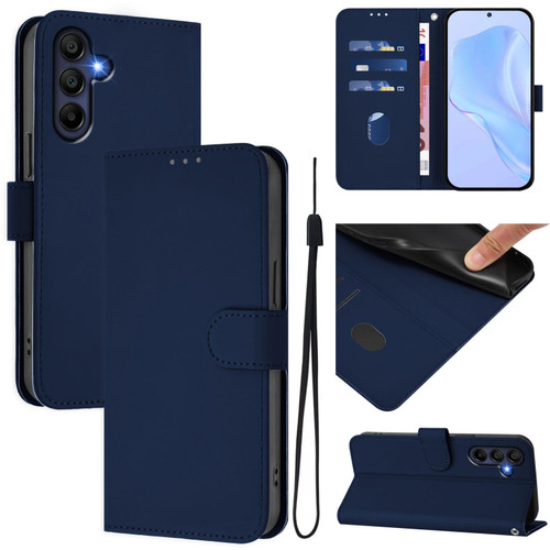 Samsung Galaxy A17 5G Skin Feel Solid Color Leather Phone Case with Lanyard - Navy Blue