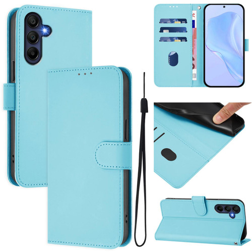 Samsung Galaxy A17 5G Skin Feel Solid Color Leather Phone Case with Lanyard - Sky Blue