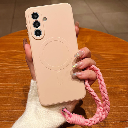 Samsung Galaxy A17 5G Solid Color Liquid Silicone Magnetic Phone Case with Lanyard - Pink