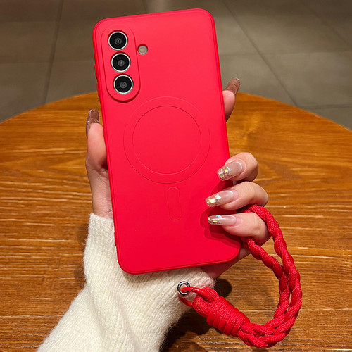 Samsung Galaxy A17 5G Solid Color Liquid Silicone Magnetic Phone Case with Lanyard - Red