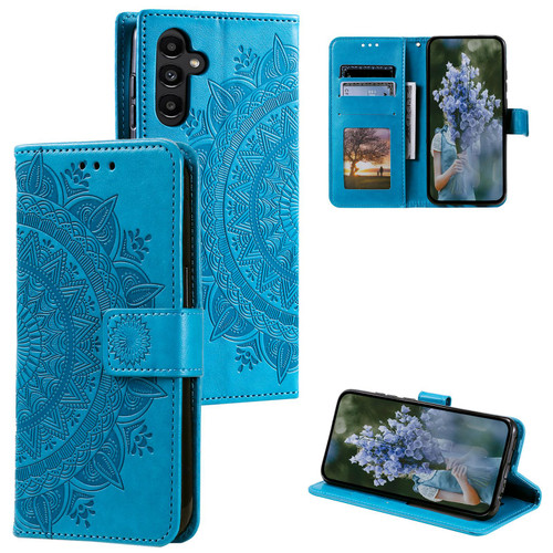 Samsung Galaxy A17 5G Totem Flower Embossed Leather Phone Case with Lanyard - Blue