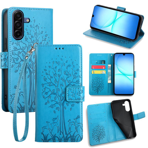 Samsung Galaxy A17 5G Tree & Deer Embossed Leather Phone Case - Blue
