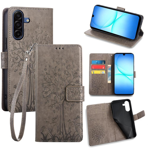 Samsung Galaxy A17 5G Tree & Deer Embossed Leather Phone Case - Grey