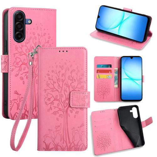 Samsung Galaxy A17 5G Tree & Deer Embossed Leather Phone Case - Pink