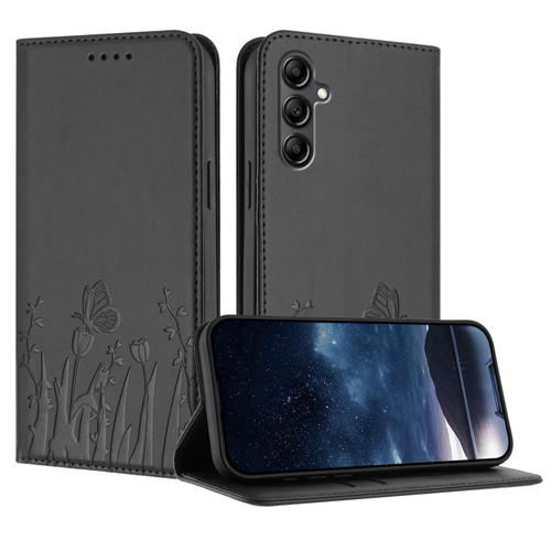 Samsung Galaxy A17 5G Tulips Butterfly Pattern Magnetic Vegan Leather Phone Case - Black