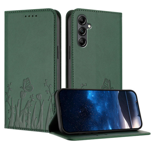 Samsung Galaxy A17 5G Tulips Butterfly Pattern Magnetic Vegan Leather Phone Case - Dark Green