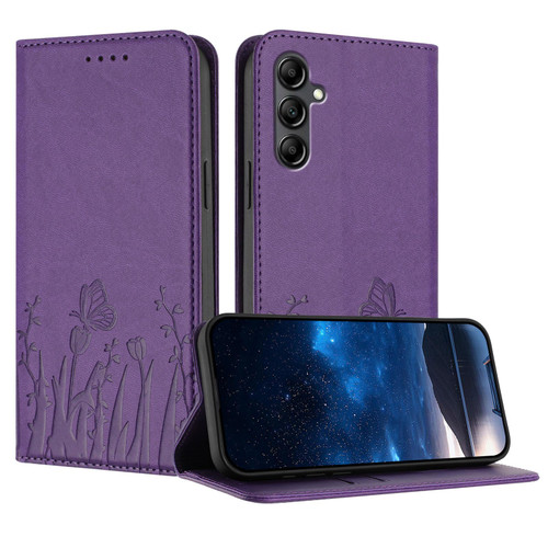 Samsung Galaxy A17 5G Tulips Butterfly Pattern Magnetic Vegan Leather Phone Case - Dark Purple