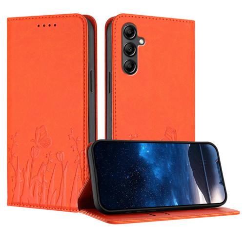 Samsung Galaxy A17 5G Tulips Butterfly Pattern Magnetic Vegan Leather Phone Case - Orange
