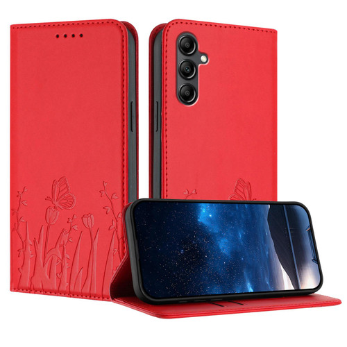 Samsung Galaxy A17 5G Tulips Butterfly Pattern Magnetic Vegan Leather Phone Case - Red