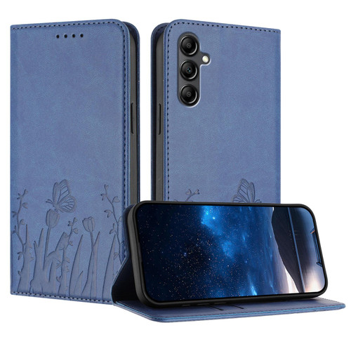 Samsung Galaxy A17 5G Tulips Butterfly Pattern Magnetic Vegan Leather Phone Case - Royal Blue