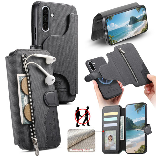 Samsung Galaxy A17 5G Twill Fabric MagSafe RFID Anti-theft Zipper Wallet Leather Phone Case - Black