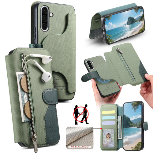 Samsung Galaxy A17 5G Twill Fabric MagSafe RFID Anti-theft Zipper Wallet Leather Phone Case - Green