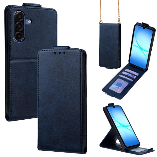 Samsung Galaxy A17 5G Vertical Flip Cover Solid Color Vegan Leather Phone Case with Crossbody Chain - Blue