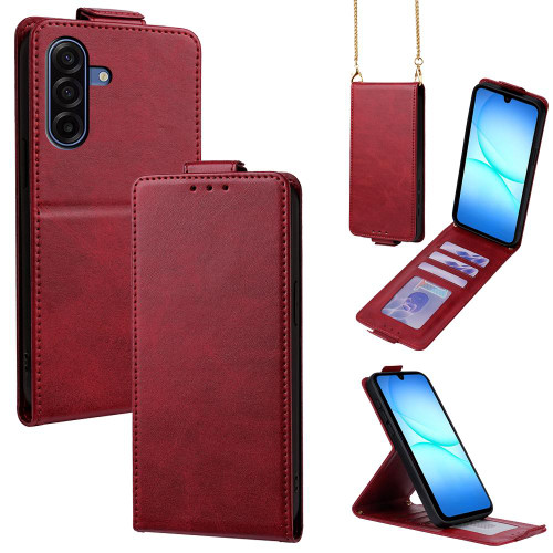 Samsung Galaxy A17 5G Vertical Flip Cover Solid Color Vegan Leather Phone Case with Crossbody Chain - Red