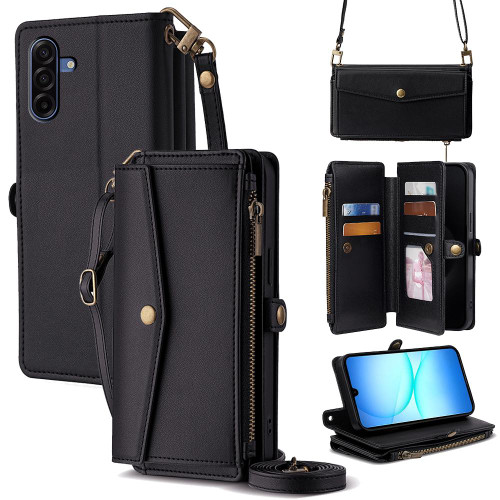 Samsung Galaxy A17 5G Zipper Wallet Side Buckle Crossbody Lanyard Leather Phone Case - Black