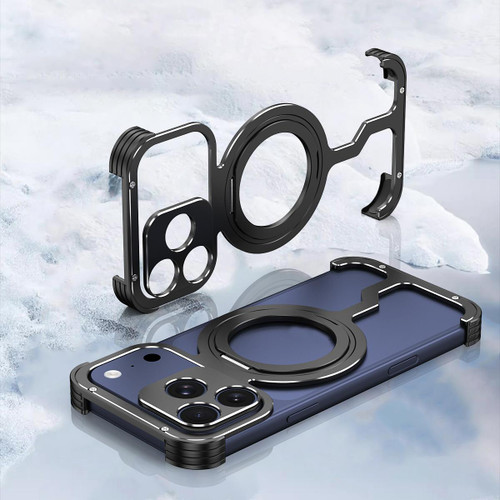 iPhone 17 Pro Max Armor Alloy Frameless MagSafe Magnetic Bracket Heat Dissipation Metal Phone Case - Black Blue