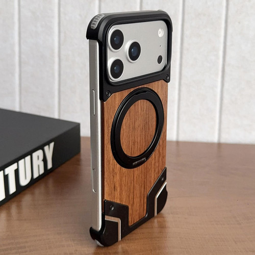 iPhone 17 Pro Max Armor Walnut Wood Metal Frameless 360 Rotation Holder Magnetic Phone Case - Black