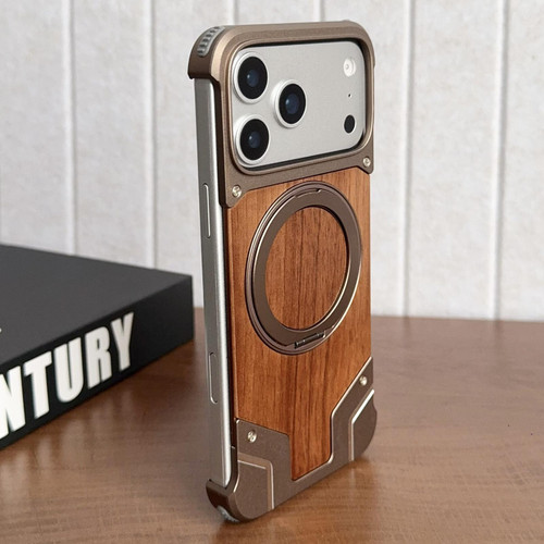 iPhone 17 Pro Max Armor Walnut Wood Metal Frameless 360 Rotation Holder Magnetic Phone Case - Dessert Gold