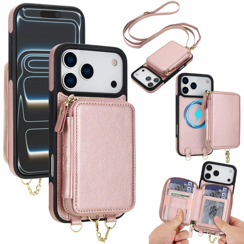 iPhone 17 Pro Max AwQuer 2 in 1 Crossbody Zipper Wallet Leather Back Phone Case - Rose Gold