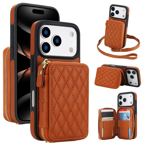 iPhone 17 Pro Max AwQuer Crossbody Zipper Wallet Rhombic Leather Back Phone Case - Brown