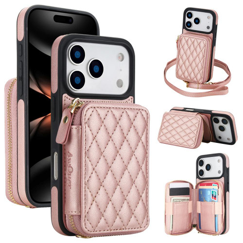iPhone 17 Pro Max AwQuer Crossbody Zipper Wallet Rhombic Leather Back Phone Case - Rose Gold