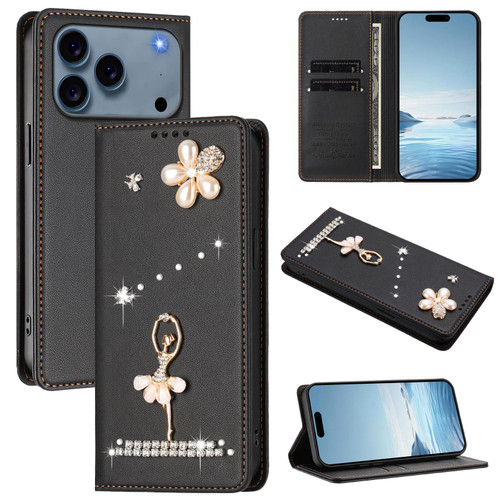 iPhone 17 Pro Max Ballet Girl Diamond Studded RFID Vegan Leather Phone Case - Black