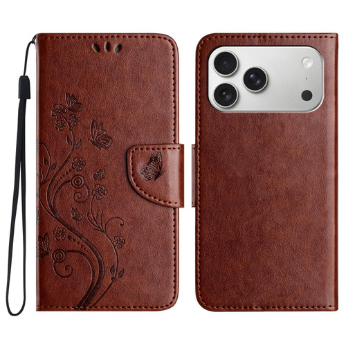 iPhone 17 Pro Max Butterfly Flower Pattern Flip Leather Phone Case - Brown