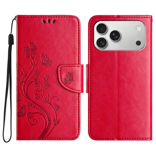 iPhone 17 Pro Max Butterfly Flower Pattern Flip Leather Phone Case - Red