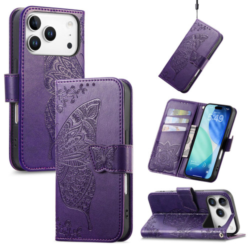 IPhone 17 Pro Max Butterfly Love Flower Embossed Leather Phone Case - Purple