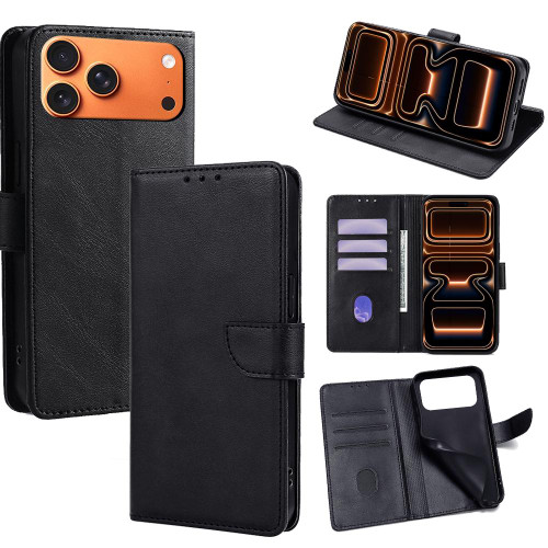 iPhone 17 Pro Max Calf Texture Buckle Flip Leather Phone Case - Black