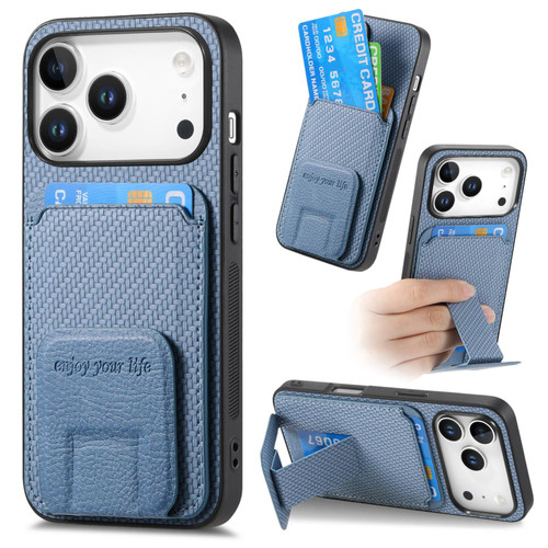 iPhone 17 Pro Max Carbon Fiber Card Bag Fold Stand Phone Case - Blue