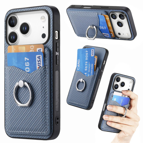 iPhone 17 Pro Max Carbon Fiber Card Wallet Ring Phone Case - Blue