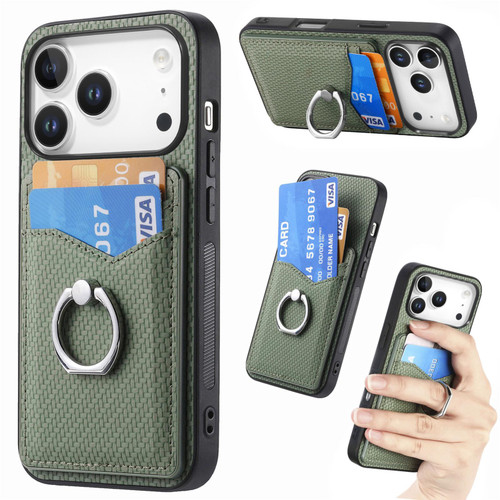 iPhone 17 Pro Max Carbon Fiber Card Wallet Ring Phone Case - Green