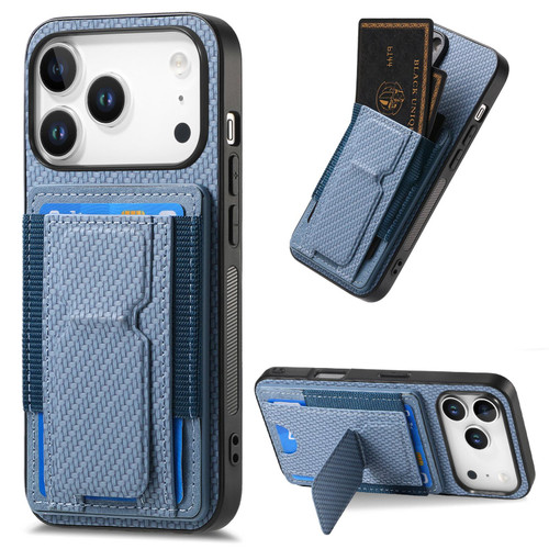iPhone 17 Pro Max Carbon Fiber Fold Stand Elastic Card Bag Phone Case - Blue