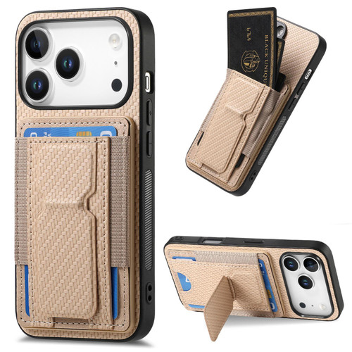 iPhone 17 Pro Max Carbon Fiber Fold Stand Elastic Card Bag Phone Case - Khaki