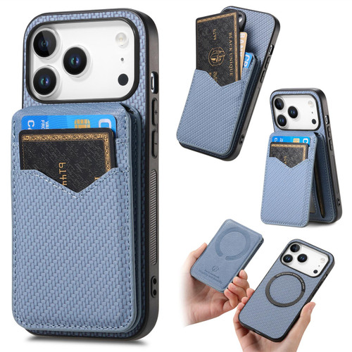 iPhone 17 Pro Max Carbon Fiber MagSafe Vertical Flip Card Bag Phone Case - Blue