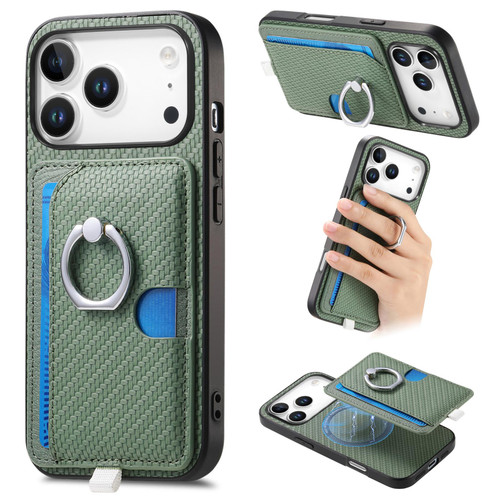 iPhone 17 Pro Max Carbon Fiber Ring Side Insert Card Bag MagSafe Phone Case - Green