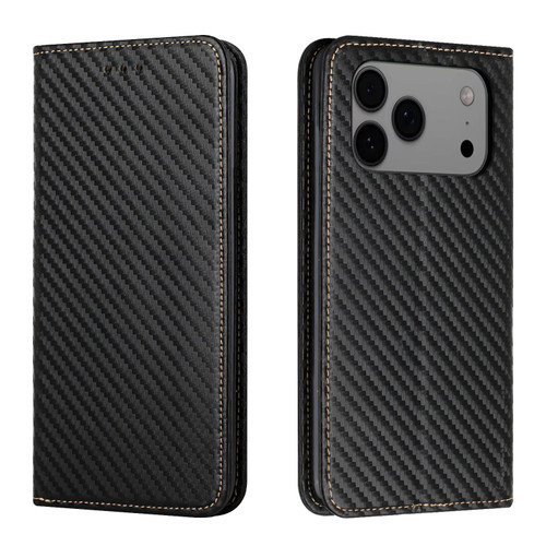 iPhone 17 Pro Max Carbon Fiber Texture Magnetic Flip Leather Phone Case - Black