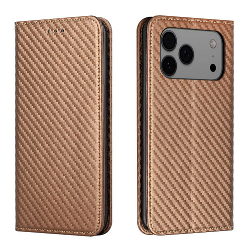 iPhone 17 Pro Max Carbon Fiber Texture Magnetic Flip Leather Phone Case - Brown