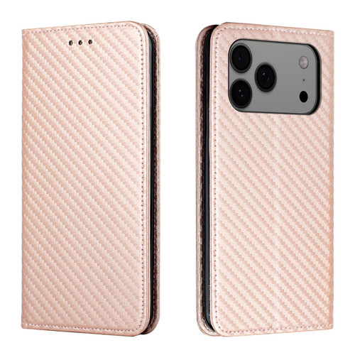 iPhone 17 Pro Max Carbon Fiber Texture Magnetic Flip Leather Phone Case - Rose Gold
