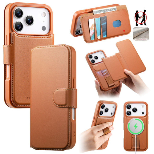 iPhone 17 Pro Max CaseNeo Finger Grip Strap MagSafe Leather Phone Case - Brown