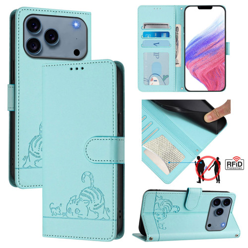 iPhone 17 Pro Max Cat Rat Embossed Pattern RFID Leather Phone Case with Lanyard - Mint Green