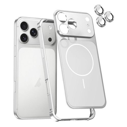 iPhone 17 Pro Max Change to 17 Series X1 Metal Frame + Lens Magnetic Phone Case - Silver