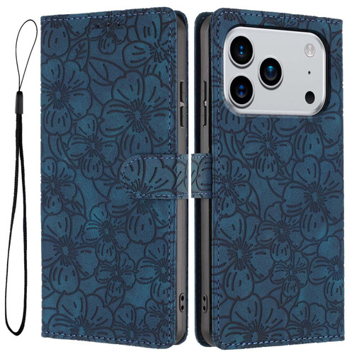 iPhone 17 Pro Max Cherry Blossoms Embossed Leather Phone Case - Dark Blue