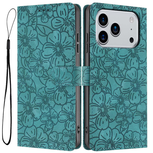iPhone 17 Pro Max Cherry Blossoms Embossed Leather Phone Case - Green